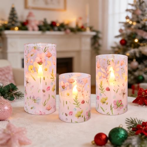 Image of Pink Flameless Candles with Remote Timer, Glass Battery Operated Candles, Pink Flower Decals LED Candles for Home Party Wedding Mother's Day Thanksgiving Decor Set of 3