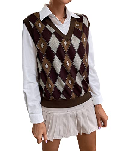 Wdirara Women's Plaid Argyle V Neck Sleeveless Sweater Vest Pullover Knitwear Tops Multicolor S #TOP26