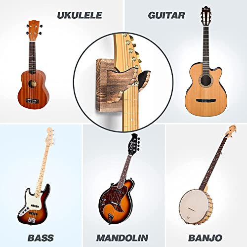 Image of Wooden Guitar Wall Mount Hanger - Wall Mounted Guitar Holder with Soft Padded Hooks - Wooden Guitar Stand for Acoustic, Electric, Bass & Ukulele - Space Saving Guitar Wall Hanger Rack