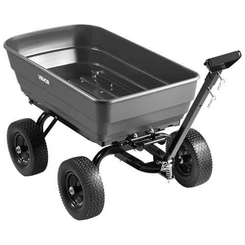 Image of VEVOR 7 Cu.Ft 1200LBS Poly Garden Cart Dump Wagon, Heavy Duty Wheelbarrow with 2-in-1 Convertible Handle and 13 inch Flat Free Tires, Utility ATV Trailer Yard Dump Cart Tow Behind for Lawn Mower Tractor