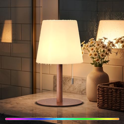 Image of uuffoo Shower Lamp Rechargeable Cordless Light Waterproof for Bathroom Spa | Portable Battery Operated Table Lamp RGB Mood Lighting LED Night Light for Patio kitchen Camping (Wood Grain)