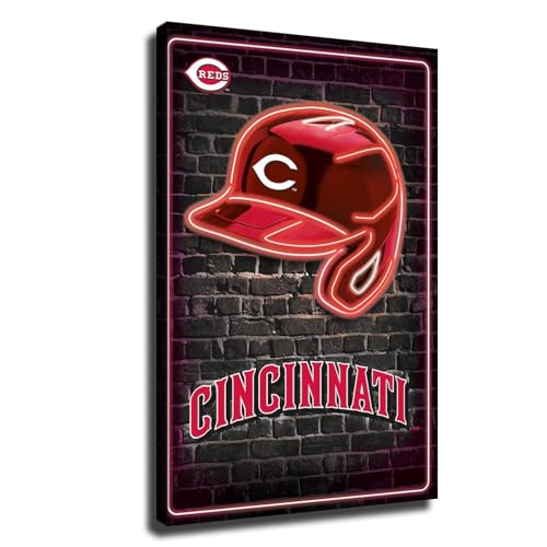 Cincinnati City Reds Baseball Poster City Baseball Caps Neon Badge Canvas Mural Pattern Print Artwork Decorative Home Decor Painting (With Frame,16x24inch)