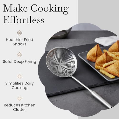 Image of Stainless Steel Oil Skimmer Jhara for Deep Frying | Heavy Duty Puri Pakora Frying Strainer | Long Handle Oil Drain Spoon | Rust Free Kitchen Skimmer