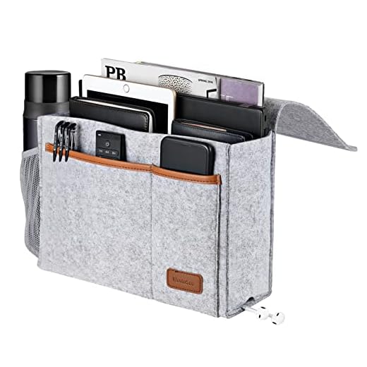 Bedside Caddy, Felt Bed Storage Organizer Hanging Bag Holder with 5 Pockets, Magazine Book Phone Tablet iPad Cables Remote and Water Bottle Holder for Home Dorm Bed Sofa, Light Gray