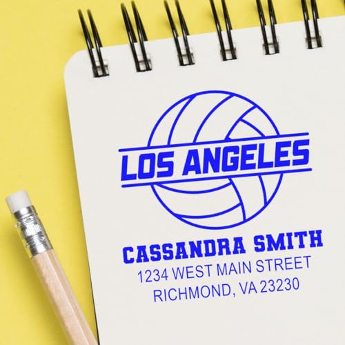 Custom Volleyball Stamper Slim Pre-Inked Three Line Stamp for Volleyballs, Personalized Los Angeles Design, Durable 1-5/8