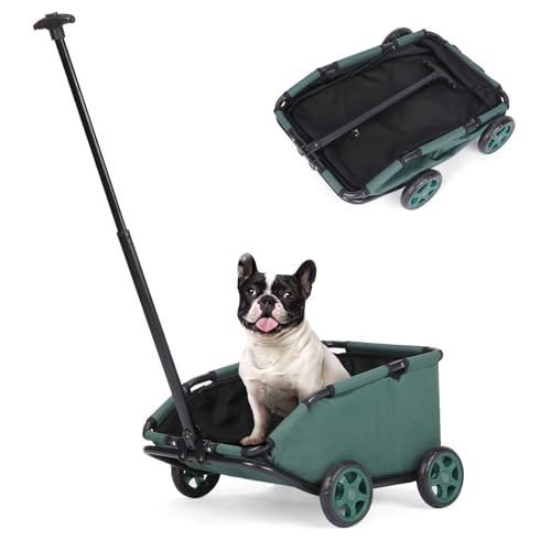AESRAOU Mini passeggino per cani per mini animali domestici, carrello della spesa pieghevole multifunzionale con maniglia estensibile, cuscino integrato e corda di sicurezza con borsa (verde scuro)