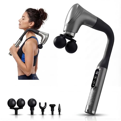 makecatch Long Handle Massage Gun for Back and Shoulders Ergonomic Extended Reach Deep Tissue Massager U-Shaped Dual Head Percussion Muscle Massager 12 Speeds with 5 Heads Quiet & Cordless