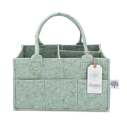 Image of Parker Baby Diaper Caddy - Nursery Storage Bin and Car Organizer for Diapers and Baby Wipes - Sage Green, Regular