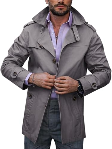 Runcati Mens Trench Coat Single Breasted Mid Length Slim Fit Notch