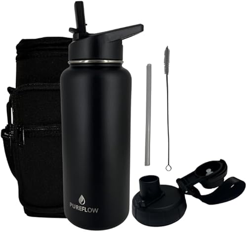 PUREFLOW Botella de agua de acero inoxidable de 32 onzas con tapa para pajitadeportiva y bolsa de transporte, tapa a prueba de fugas, tapa abatible, disponible en Yaxa Colombia