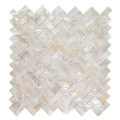 Viclin Romantic Herringbone Mother of Pearl Mosaic Tile, Coastal Ocean Style Seashell Tile with Mesh Mounted, 10 Pack Decorative Wall Tile for Kitchen Backsplash, Bathroom & Pool