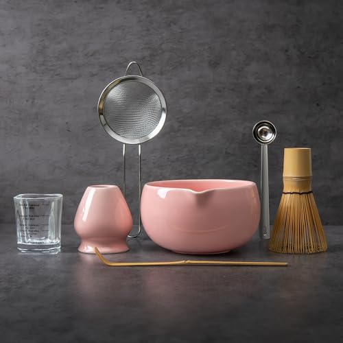YIBO Matcha Whisk Set Pink Handcrafted Bamboo Chasen & Ceramic Bowl Matcha Kit Holder Stainless Steel Sifter Scoop Measuring Spoon & Cup Tools for Matcha Tea Ceremony