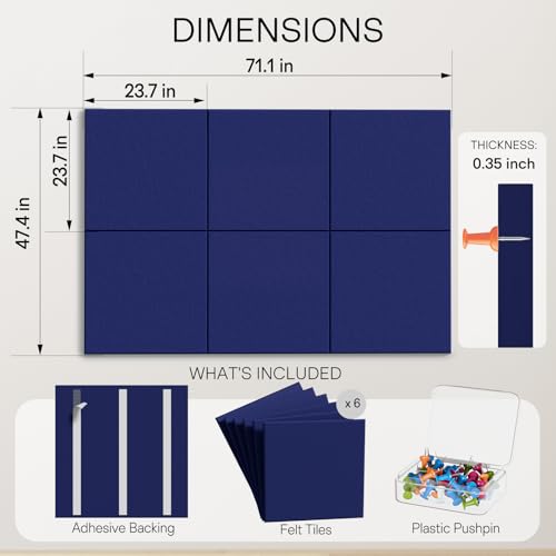 Image of MaxGear Extra Large Bulletin Board 72 inch x 48 inch, Dark Blue Felt Wall Tiles