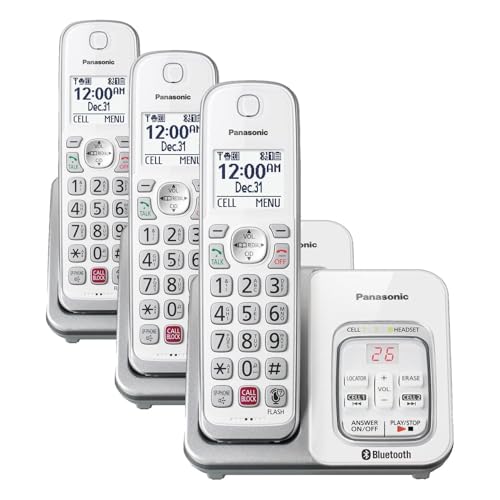 Image of Panasonic Cordless Phone with Answering Machine, Link2Cell Bluetooth Home Phones, Voice Assistant and Advanced Call Blocking, Expandable System with 3 Handsets - KX-TGD863W (White) (Pack of 3)