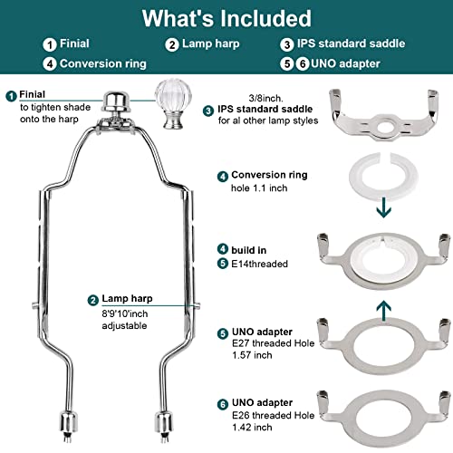 Image of WEAVERBIRD Lamp Shade Harp Bracket 8 9 10 inch Adjustable Lamp Harp Kit with 3 /8 Standard Saddle,E14 E26 E27 Light Base UNO Fitter Adapter Converter Finial Set and Crystal Lamp Finial Knob, Silver