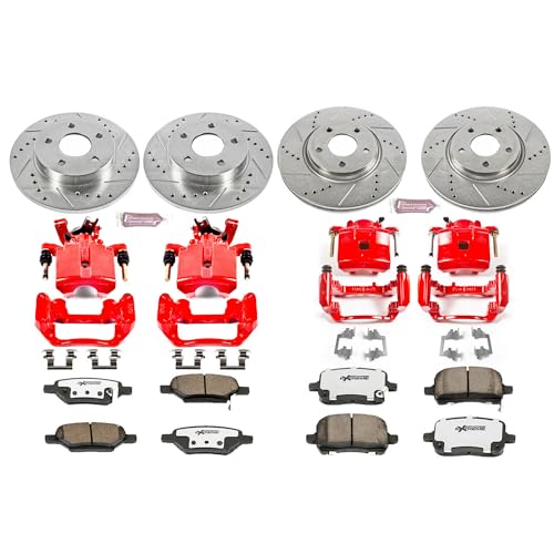 Image of PowerStop Front and Rear Brake Kit for Chevrolet Cobalt 2005-06 |Cobalt 2008 |HHR 2008-10 - Drilled & Slotted Disc Rotors + Carbon-Fiber Ceramic Brake Pads + Red-Powder Coated Calipers, KC1612-26