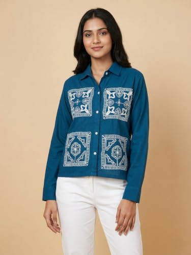 Image of Stylish Women's Embroidered Shirts | Geometric Pattern Half Sleeve Collared Button-Up Casual Shirt for Women