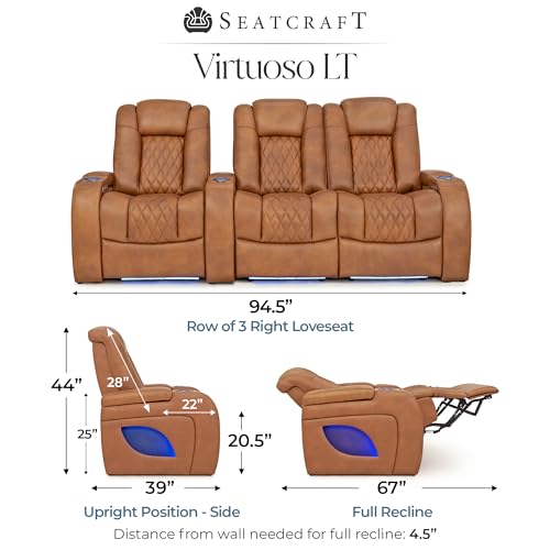 Image of Seatcraft Virtuoso LT Tawny Italian Leather Home Theater Seating, Zero Gravity Power Recliner, Heat and Massage, Powered Headrest and Lumbar Gaming and Home Office Chair, Row of 3 Right Loveseats