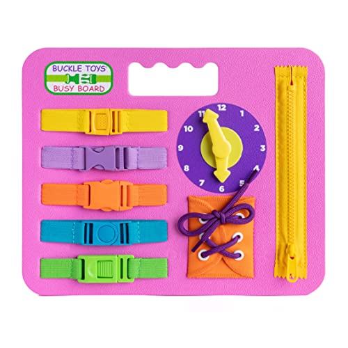 Image of Buckle Toys Busy Board - Montessori Learning Toy for Toddlers - Foam Sensory Board - Develop Fine Motor Skills - Pink