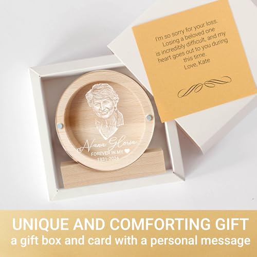 Image of Personalized Keepsake for Bereavement Gift, Lock of Hair Memorial, Sympathy Gift for Loss of Mother, Grandmother, Dad, Daughter, Son, Mom, Clear Lid (Light Wood with Portrait Round)