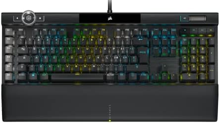 Corsair K100 RGB Tastiera gaming opto-meccanica (Interruttori OPX RGB, Retroilluminazione a LED RGB, Set di keycap in policarbonato, Poggiapolsi magnetico rimovibile in similpelle) Nero
