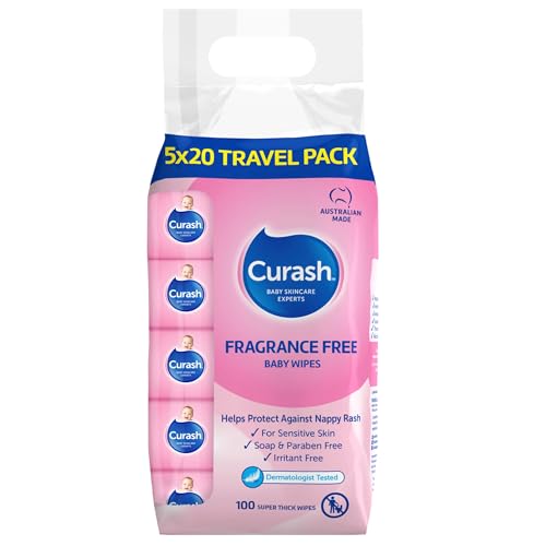 Curash Fragrance Free Baby Wipes, 5 x 20 Pack - For Sensitive Skin, Suitable for Newborns, Thick & Soft, No Soap, Alcohol Or Parabens - Everyday Cleansing & Nappy Changes, Travel Size - 100 Wipes