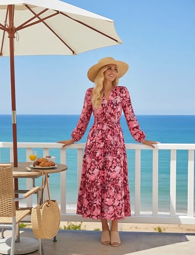Image of GRACE KARIN Women's Floral Maxi Dress 2026 Fall Long Sleeve V Neck Empire Waist A Line Flowy Dress with Pocket