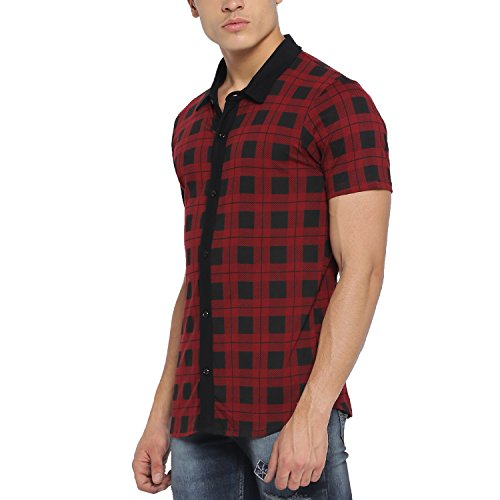 Image of CAHOOT Men Red Black Tartan Plaid Shirt for Casual Wear Spread Collar Short Sleeve Button Closure Cotton Crafted with Comfort Fit Everyday