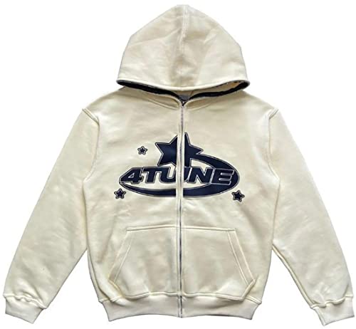 FLYCHEN Kapuzenjacke Full Face Zipper Hoodie Retro Star Letter Print Jacke...