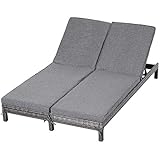 [page_title]-Outsunny Gartenliege, Doppelliege, Relaxliege für 2 Personen, Lounge, 5-stufige Rückenlehne, Metall, PE Rattan, Grau, 195 x 120 x 28 cm