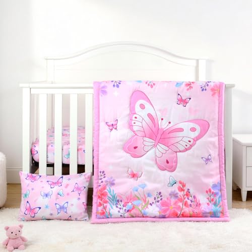 Image of JISEN 3 Piece Crib Bedding Set Soft Baby Butterfly Crib Comforter Set with Comforter, Sheet, Pillowcase - Nursery Bedding for Boys or Girls Pink