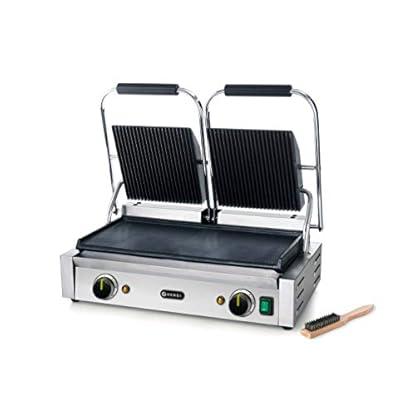 HENDI Kontaktgrill, Doppelversion, Elektrogrill, Tischgrill, Sandwichtoaster, Regelbar bis max. 300°C, Oberseite (H)530mm, Grillfläche 475x230mm, 230V, 3600W, 570x370x(H)210mm, Edelstahl