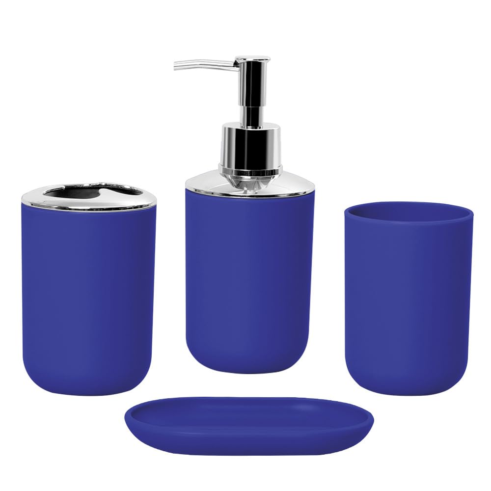 Hosoncovy 4 Pieces Bathroom Accessory Set including Soap Dispenser, Bathroom Cup, Soap Dish ,Toothbrush and Toothpaste Holder (Blue)
