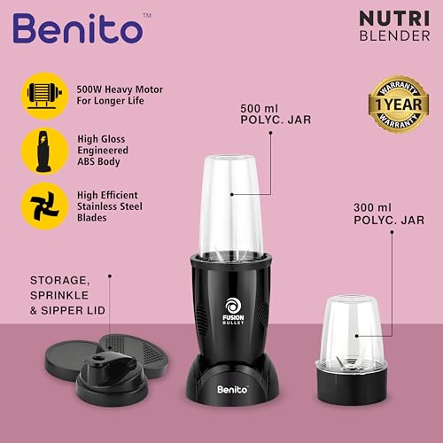 Image of Benito FUSION Bullet 500W Nutri Mix Grinder with 2 Jars | Compact ABS Body with Premium Motor | All-in-One Mixer for Smoothies, Spice, Juices & More | Black | 1 Years Warranty