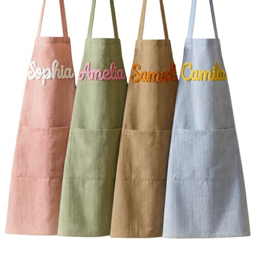 Tablier de Cuisine Femme Personnalisé avec Nom - Tablier Cuisine en Coton et Lin avec Poches, Reglable Tabliers de Menage pour Barbecue, Restaurant, École,...