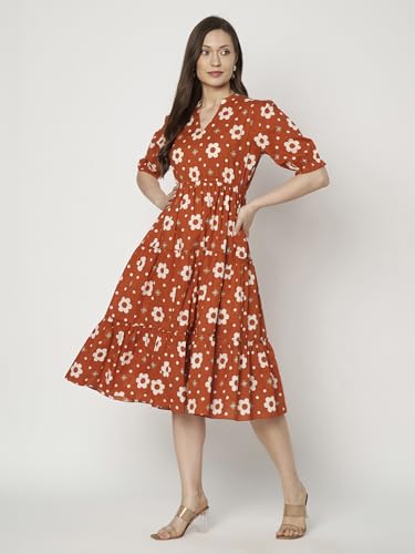 Image of Women's Floral Summer Maxi Dress I Cotton Printed I One Piece Bodycon Midi Dress with V-Neck, Puffed Sleeves