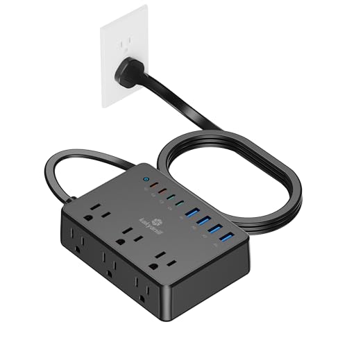 Image of Kakyanill 100W Power Strip, 6 AC Outlets 8 USB Ports(4 USB C) with 2000J Surge Protector, 5ft Flat Plug Extension Cord, Compact for Desk Home Office Dorm, Black