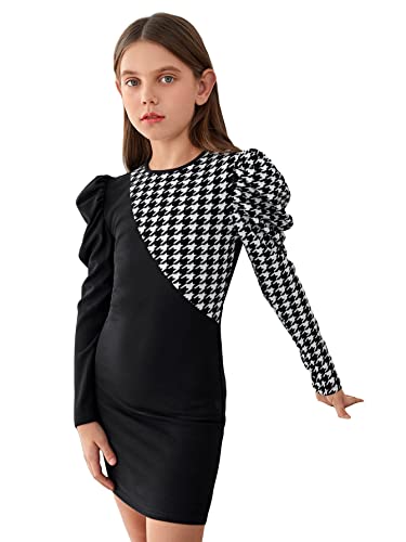 WDIRARA Girl's Houndstooth Long Gigot Sleeve Round Neck Fitted Party Mini Dress
