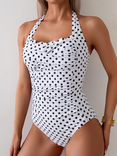 Image of Eomenie Women One Piece Tummy Control Swimsuit Halter Scallop Trim Bathing Suits 1 Piece Vintage Ruched Slimming Swimwear