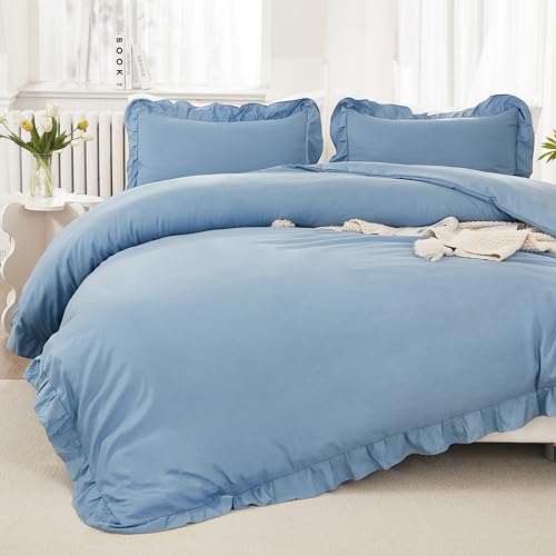 Image of Litanika Grayish Blue Full Size Comforter Sets, 3 Pieces Ruffle Farmhouse Aesthetic Bedding Comforter Sets, All Season Soft Lightweight Fluffy Microfiber Bed Set(79x90In Comforter, 2 Pillowcases)