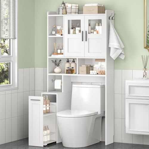 ELYKEN Over The Toilet Storage Cabinet with Glass Doors & Pulley, White | Pull-Out Cabinet, Toilet Paper Holder, Side Hooks, Adjustable Shelf, Anti-Tipping, Space-Saving Bathroom Storage Cabinet