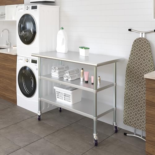 Image of AmGood Stainless Steel Work Table with 2 Shelves and Casters | Metal Utility Table On Wheels (Stainless Steel Work Table with 2 Shelves + Casters, 48 inch Long x 24 inch Deep)