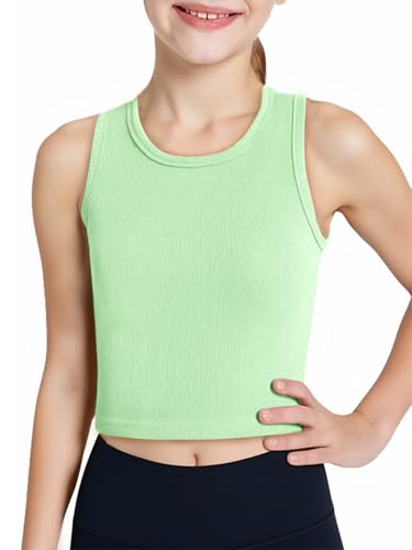 Image of Haloumoning Girls Tank Tops Kids Athletic Ribbed Knit Sleeveless Crop Tops Basic Camisole 5-14 Years
