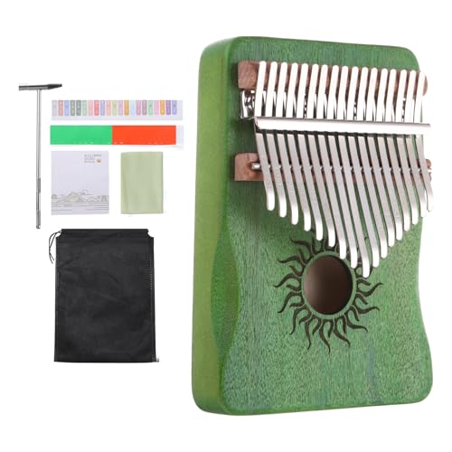 MECCANIXITY 17 Keys Thumb Piano, Green Mini Portable Finger Piano Maple Wood Sun Pattern with Protective Bag, Tune Hammer, Sheet Music Study Instruction for Gift Adults Beginners