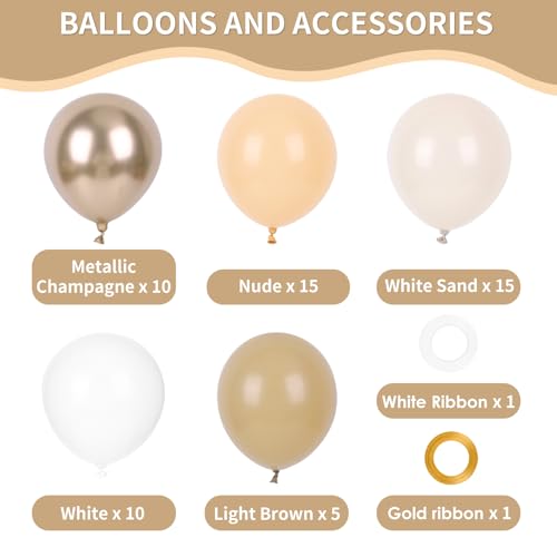 Image of RUBFAC Beige and Champagne Balloons, 65pcs White and Brown Boho Gold Party Balloon for Neutral Birthday Bridal Baby Shower Wedding Party Decorations