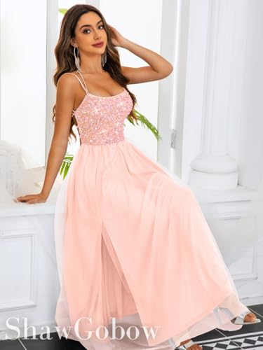 Image of ShawGobow Tulle Prom Dress with Slit,Sequin Backless Long Flowy Dresses for Women,Sexy Sparkly Outfits Homecoming Wedding
