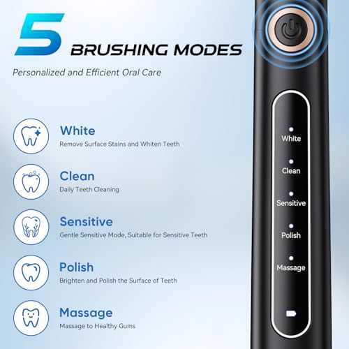 YUNCHI Y5 Elektrische Zahnbürste, wiederaufladbar, Schallzahnbürste mit 8 Bürstenköpfen, 40.000 VPM, intelligenter Timer, 5 Reinigungsmodi, halten 30 Tage, elektrische Zahnbürsten für Erwachsene und – Bild 5