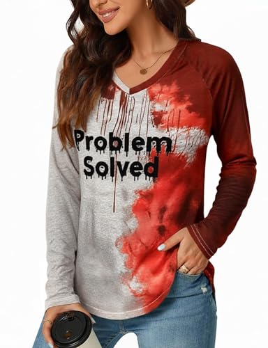 Women’s Oversize Long Sleeve Problem Solved Bloody Shirt – Funny V-Neck Halloween Top with Blood Stain Print