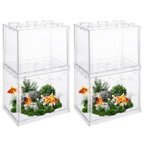 Image of QTLCOHD 4 Pack Small Betta Fish Tank, 0.6 Gallon Mini Aquarium Tank | Clear Stackable Fish Bowl, Acrylic Tiny Cube Tank for Beta Fish Sea Monkeys Shrimp Snails
