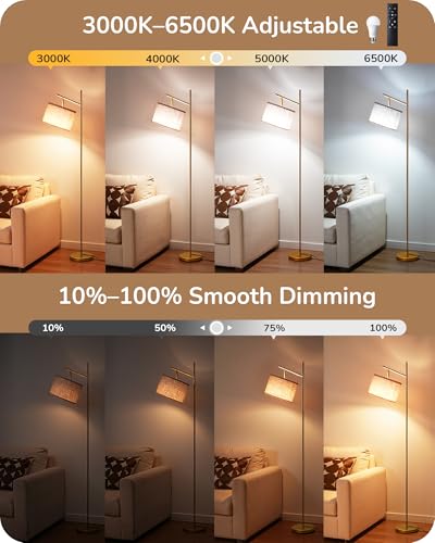 Image of EDISHINE 64.7IN Gold Floor Lamp for Living Room with Remote, Standing Lamp